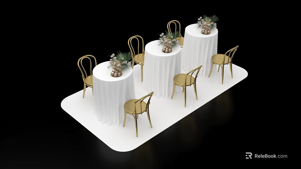 White Platform Setup With Round Tables White Tablecloths Decorative Flowers Pineapples And Gold Chairs 3d model 