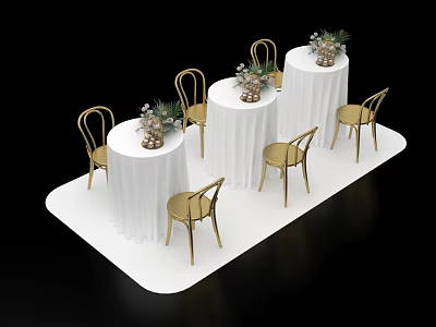 White Platform Setup With Round Tables White Tablecloths Decorative Flowers Pineapples And Gold Chairs 3d model