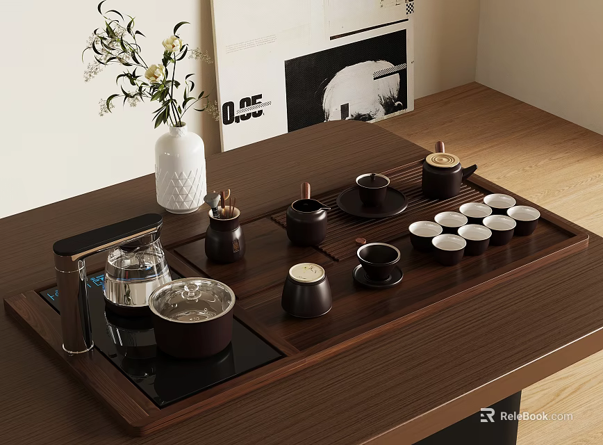 Traditional Chinese Tea Set with Wooden Tray Multiple Ceramic Cups Teapot and Tea Canisters 3d model 