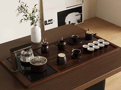 Traditional Chinese Tea Set with Wooden Tray Multiple Ceramic Cups Teapot and Tea Canisters 3d model