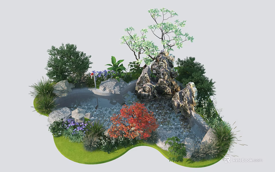 Charming Garden Ornamental Landscape With Rockery Stones Small Pond Red Maple Leaves And Purple Flowers 3d model 