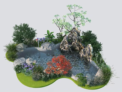 Charming Garden Ornamental Landscape With Rockery Stones Small Pond Red Maple Leaves And Purple Flowers 3d model