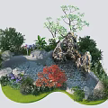 Charming Garden Ornamental Landscape With Rockery Stones Small Pond Red Maple Leaves And Purple Flowers