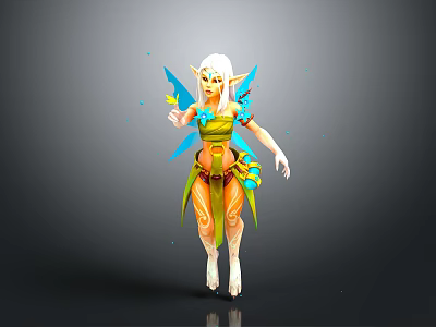 Vibrant Fairy Elf Character With Blue Wings Green Yellow Outfit And Floral Decorations 3d model