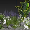 Lovely Garden Flowers and Plants with Purple Blooms Green Foliage White Rabbit Ornaments and Stones