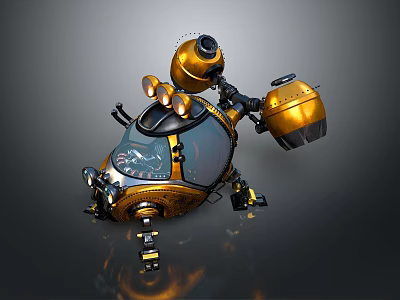 Yellow And Black Mechanical Robot 3D Model With Round Components Mechanical Arms And Bulb Eyes 3d model