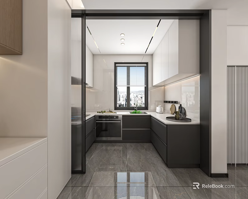 Modern Kitchen Interior With White And Dark Cabinets Counter Window And Sleek Lighting 3d model