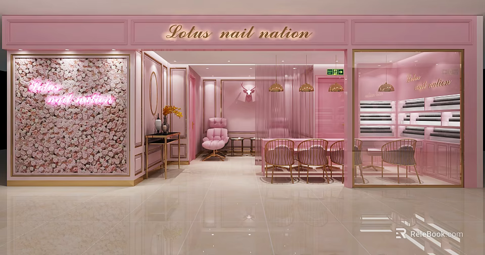 Elegant Pink Nail Salon Interior With Flower Wall Pink Chairs And Gold Pendant Lights 3d model 