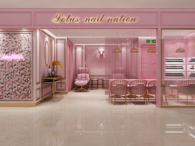 Elegant Pink Nail Salon Interior With Flower Wall Pink Chairs And Gold Pendant Lights 3d model