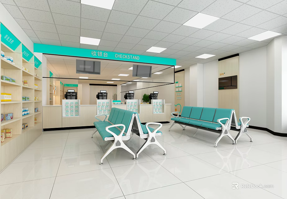 Modern Pharmacy Store Interior With Waiting Area Seats And Medicine Shelves 3d model 