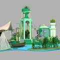 Green Themed Outdoor Event Setup With Food Truck LOGO Sign Water Feature Tent And Plants 3d model