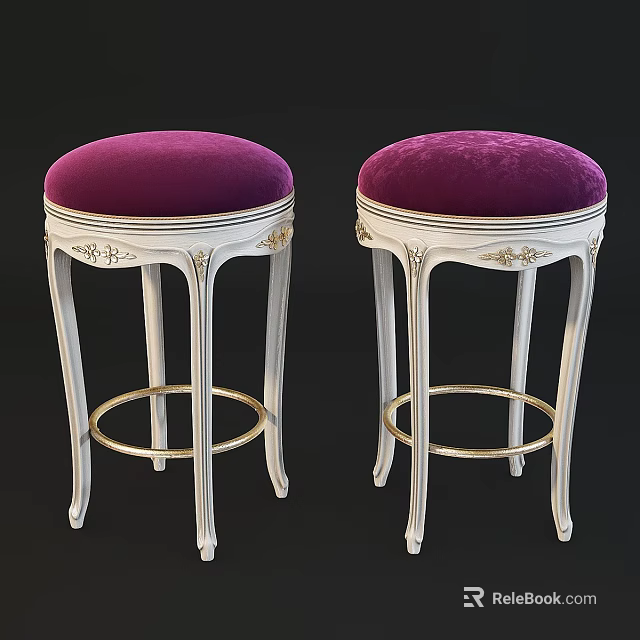 White Stools With Purple Velvet Seats Golden Decorations And Foot Rings 3d model 