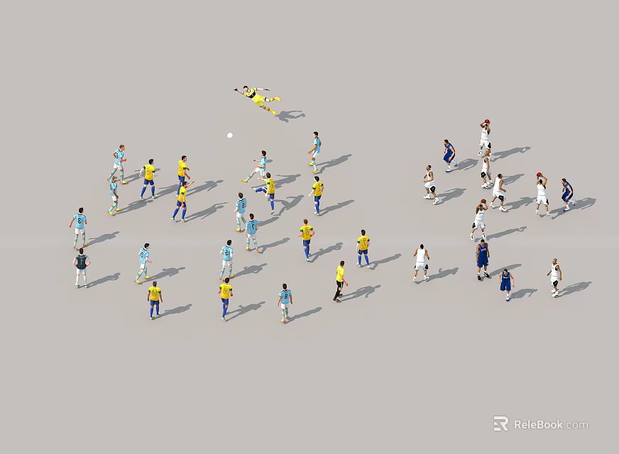 Group of People Playing Soccer Match with Goalkeeper and Colored Jerseys 3d model 