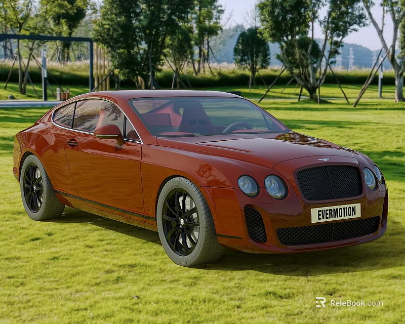 Red Bentley Sports Car Parked On Green Grass Field With Trees And Distant Mountains 3d model 