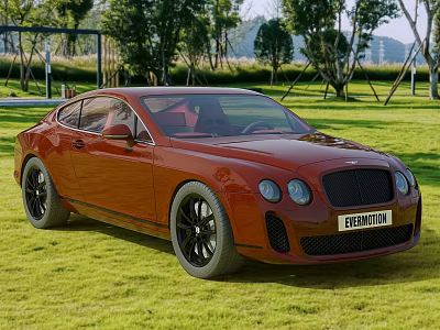 Red Bentley Sports Car Parked On Green Grass Field With Trees And Distant Mountains 3d model