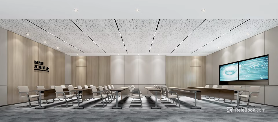 Modern Conference Room Interior With Long Tables Comfortable Chairs Wooden Walls And Linear Ceiling Lights 3d model 