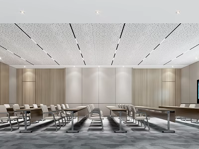 Modern Conference Room Interior With Long Tables Comfortable Chairs Wooden Walls And Linear Ceiling Lights 3d model