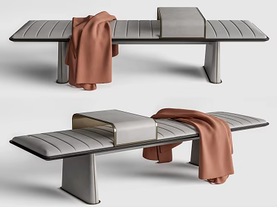 Modern Gray Striped Ottoman With Brown Throw Blanket And Metal Legs 3d model