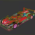 Red Race Car With Streamlined Body Design Black And Blue Stripes And Rear Wing