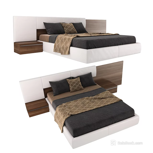 Modern Double Bed With Upholstered Headboard Wooden Nightstands And Plush Blanket 3d model 