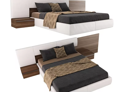Modern Double Bed With Upholstered Headboard Wooden Nightstands And Plush Blanket 3d model