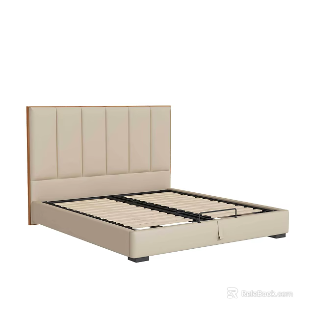 Modern Beige Double Bed With Upholstered Vertical Tufted Headboard And Frame 3d model 