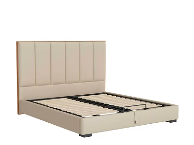 Modern Beige Double Bed With Upholstered Vertical Tufted Headboard And Frame 3d model