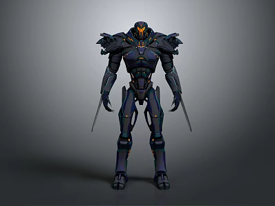 Dark Blue Sci Fi Mech Warrior Character With Yellow Accents And Arm Blades 3d model