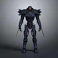 Dark Blue Sci Fi Mech Warrior Character With Yellow Accents And Arm Blades