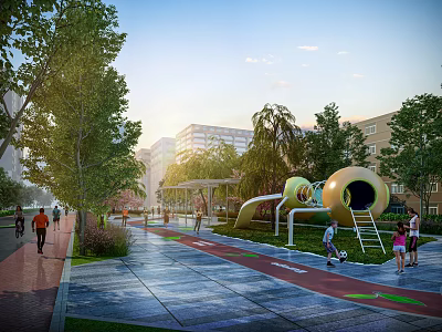 Scenic Urban Park Landscape With Playground Slide Green Trees And People Activities 3d model