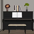Black Piano With Music Sheets Books Lamp Potted Plant And Stool By Window With Blinds
