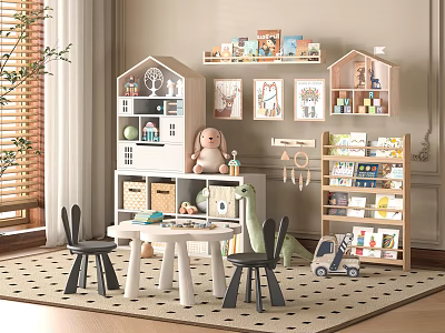 Kids Playroom With House Shaped Shelves Stuffed Rabbit Small Table Chairs Toy Car And Books 3d model