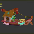 Cartoon Style Orange Water Vehicle With Small Cabin Plants Barrels And String Lights
