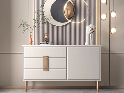 Elegant White Entryway Console Cabinet With Gold Accents Mirror And Decorative Items 3d model