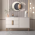 Elegant White Entryway Console Cabinet With Gold Accents Mirror And Decorative Items