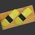 Delicious Tamago Sushi Rolls Served On Wooden Board With Nori And Rice