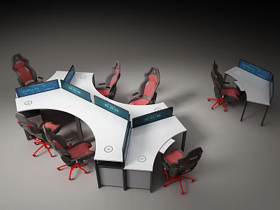 Modern Office Desk Chair Set With Curved Tabletop Red Caster Chairs And Privacy Dividers 3d model
