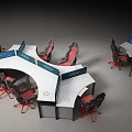 Modern Office Desk Chair Set With Curved Tabletop Red Caster Chairs And Privacy Dividers