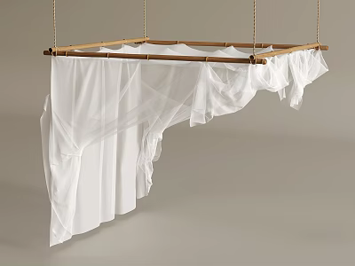 Hanging Wooden Frame With White Fabric Curtain Decoration 3d model