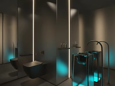 Modern Public Toilet Interior With Mirrors Blue Lighting Urinals And Washbasins 3d model