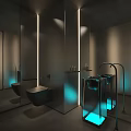 Modern Public Toilet Interior With Mirrors Blue Lighting Urinals And Washbasins