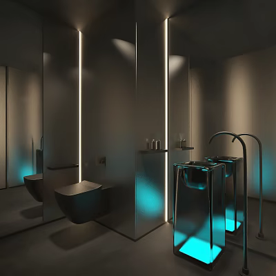 Modern Public Toilet Interior With Mirrors Blue Lighting Urinals And Washbasins 3d model