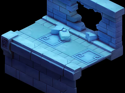 3D Rendered Blue Stone Structure With Broken Wall And Rune Patterned Platform 3d model