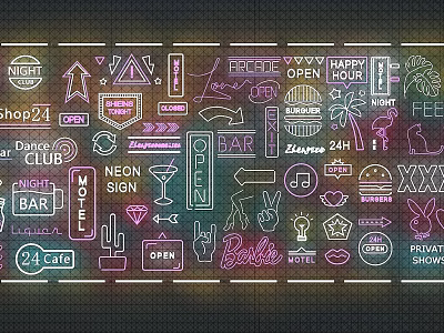 Vibrant Neon Sign Collection Featuring Night Club Bar 24H Open Happy Hour Elements 3d model