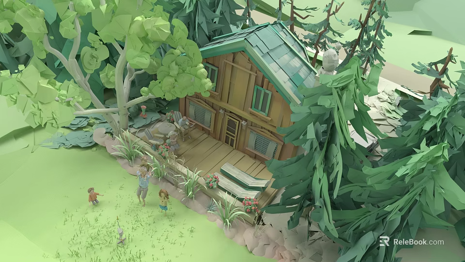Game and Movie Characters in Front of Wooden Forest Cabin With Green Trees and Flowers 3d model 