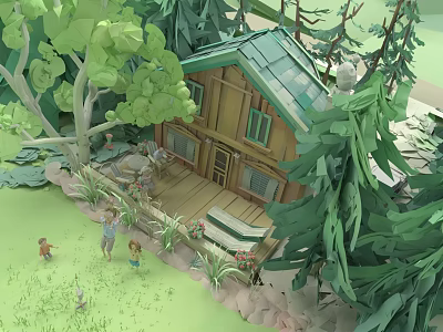 Game and Movie Characters in Front of Wooden Forest Cabin With Green Trees and Flowers 3d model