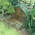 Game and Movie Characters in Front of Wooden Forest Cabin With Green Trees and Flowers