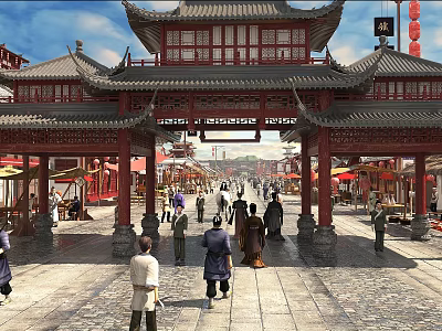 Traditional Chinese Commercial Street With Ancient Archway Red Lanterns And Bustling Pedestrians 3d model