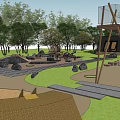 Outdoor Children's Play Area With Trees Wooden Logs And Slide Structures