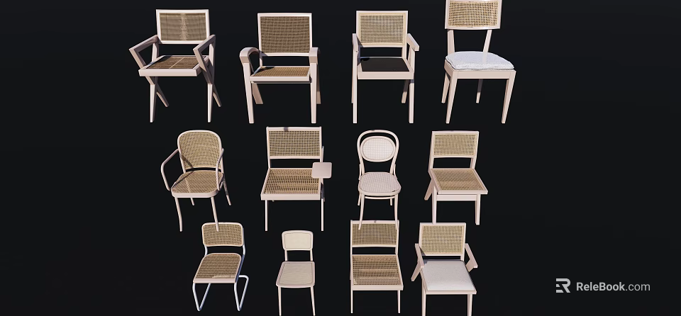Various Stylish Leisure Chairs With Rattan Seats And Wooden Frame Designs 3d model 